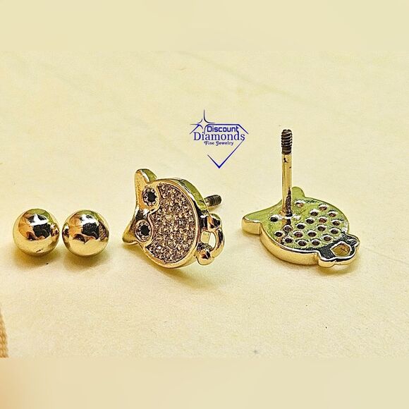 Dainty White.Baguette Diamonds 18K Yellow Owl Gold Earrings on 925 Silver - Picture 2 of 3